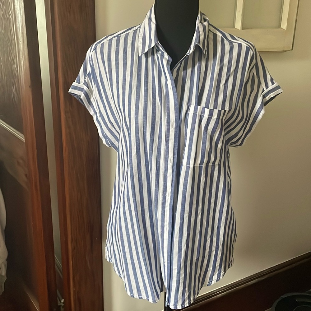 Women’s size S blue and white striped button down short sleeved top